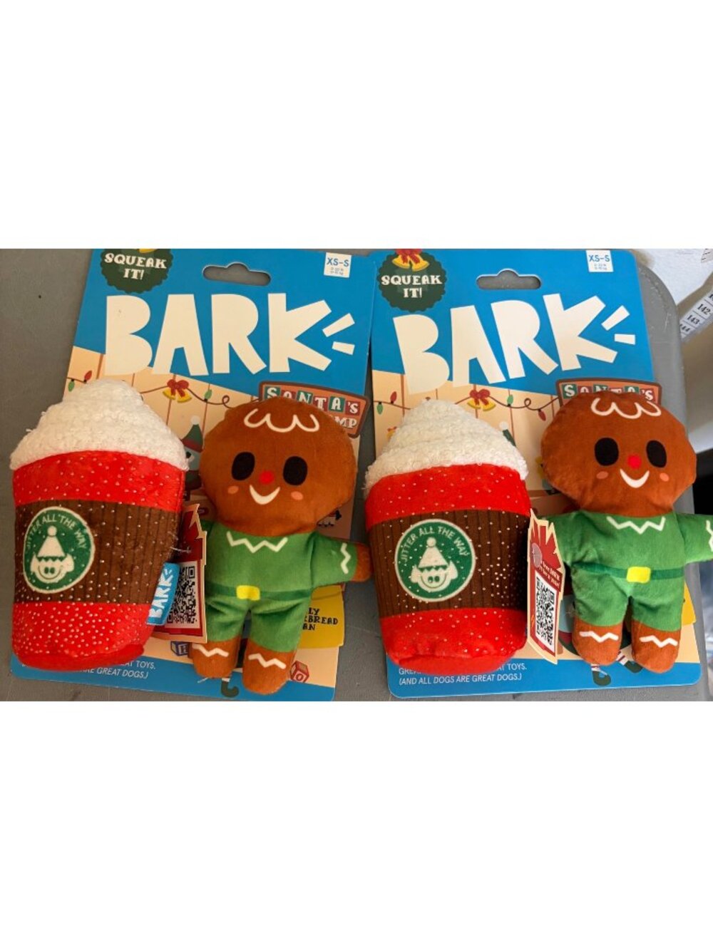 NEW Lot of 2 BARK Latte Gingerbread Dog Toy Set Plush Squeaker Crinkle XS SMALL